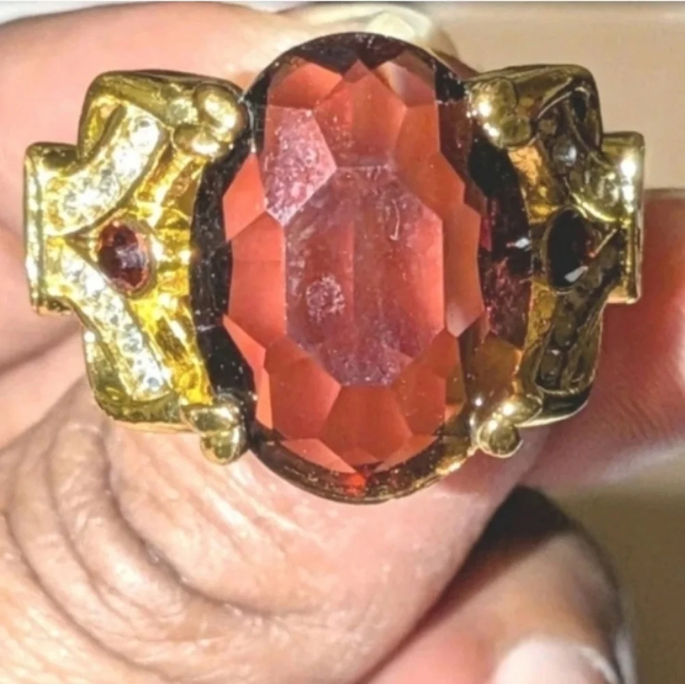 Elegant Gold Plated Cocktail Unisex Ring with Deep Red Gemstone Sz 13